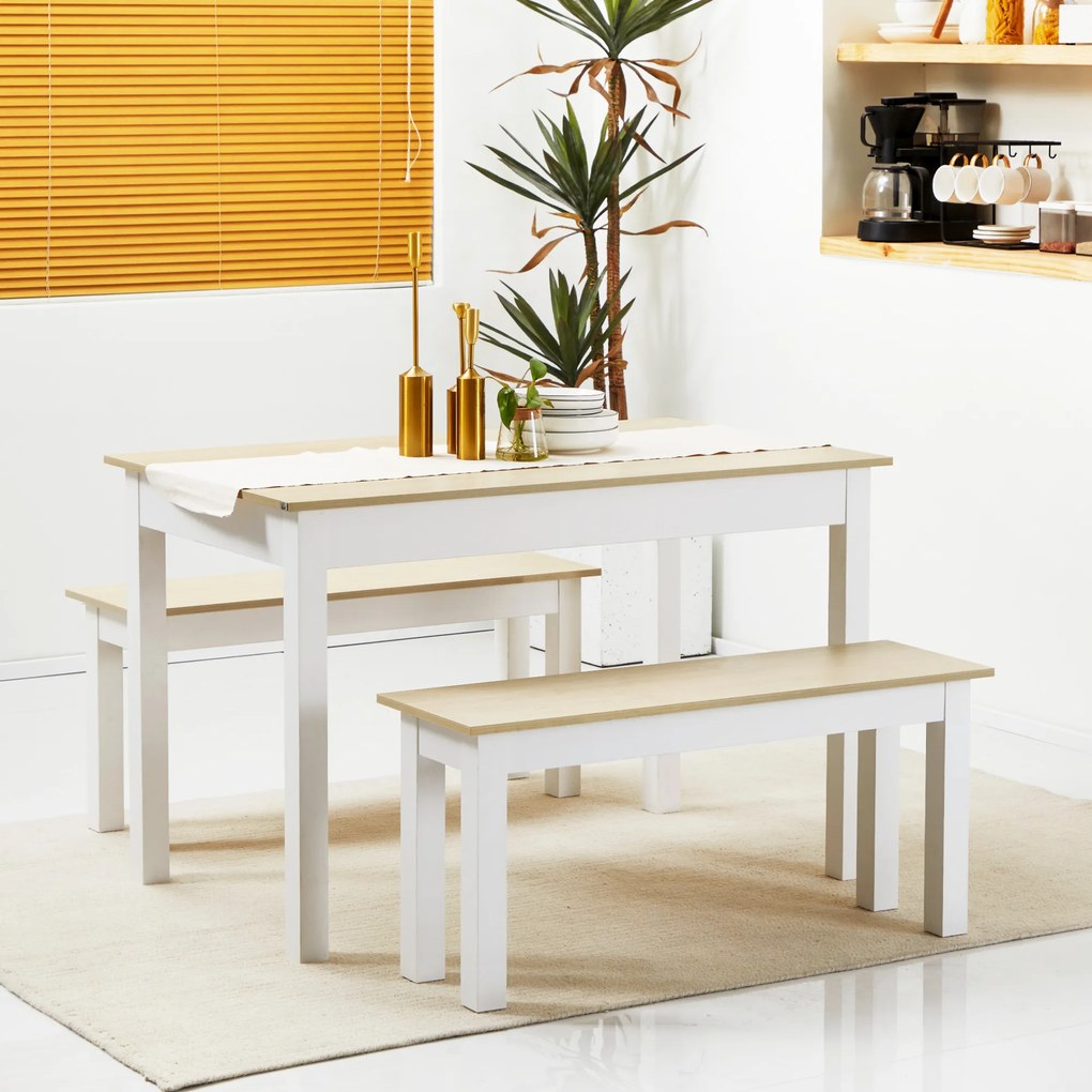 Conjunto de mesa de jantar de 3 peças com 2 bancos encaixáveis para 4-6 pessoas, estilo contemporâneo, em aglomerado cor carvalho e branco