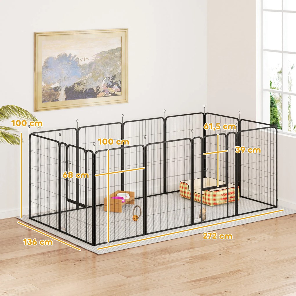 Parque para cães, 68 x 100 cm recinto para cães com 12 painéis modulares e dobráveis, portátil em aço com porta preto