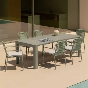 Conjunto De Mesa Retangular Arnadine (180x100 Cm) E 6 Cadeiras De Jardim Empilháveis Em Alumínio Alberta Verde Cáqui - Sklum