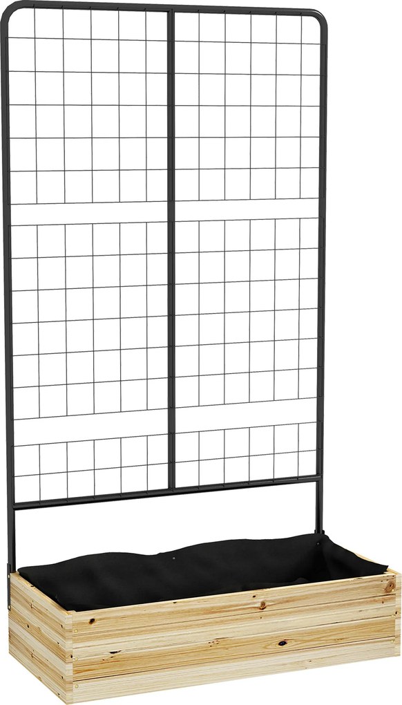 Outsunny Canteiro elevado com treliça, forro interior em tecido-não-tecido, madeira natural, aço, 80x38x145 cm, Preto | Aosom Portugal