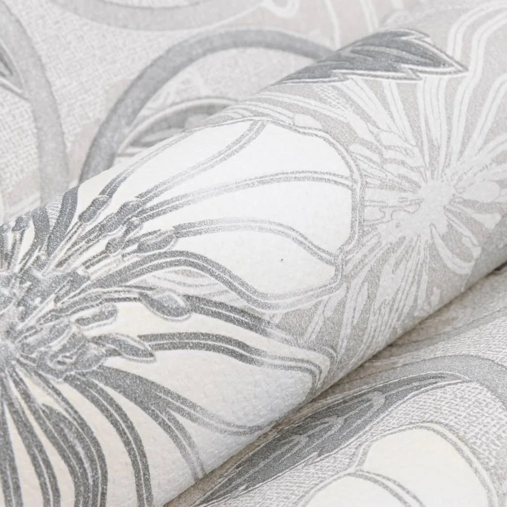 Papel parede 3D c/ padrão flores 10x0,53 m não-tecido cinza