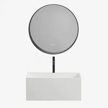 Conjunto De Móvel De Casa De Banho Suspenso Em Resina Com Lavatório Integrado E Luz Led Nerine Branco & Redondo Led E Anti-embaciamento - Sklum