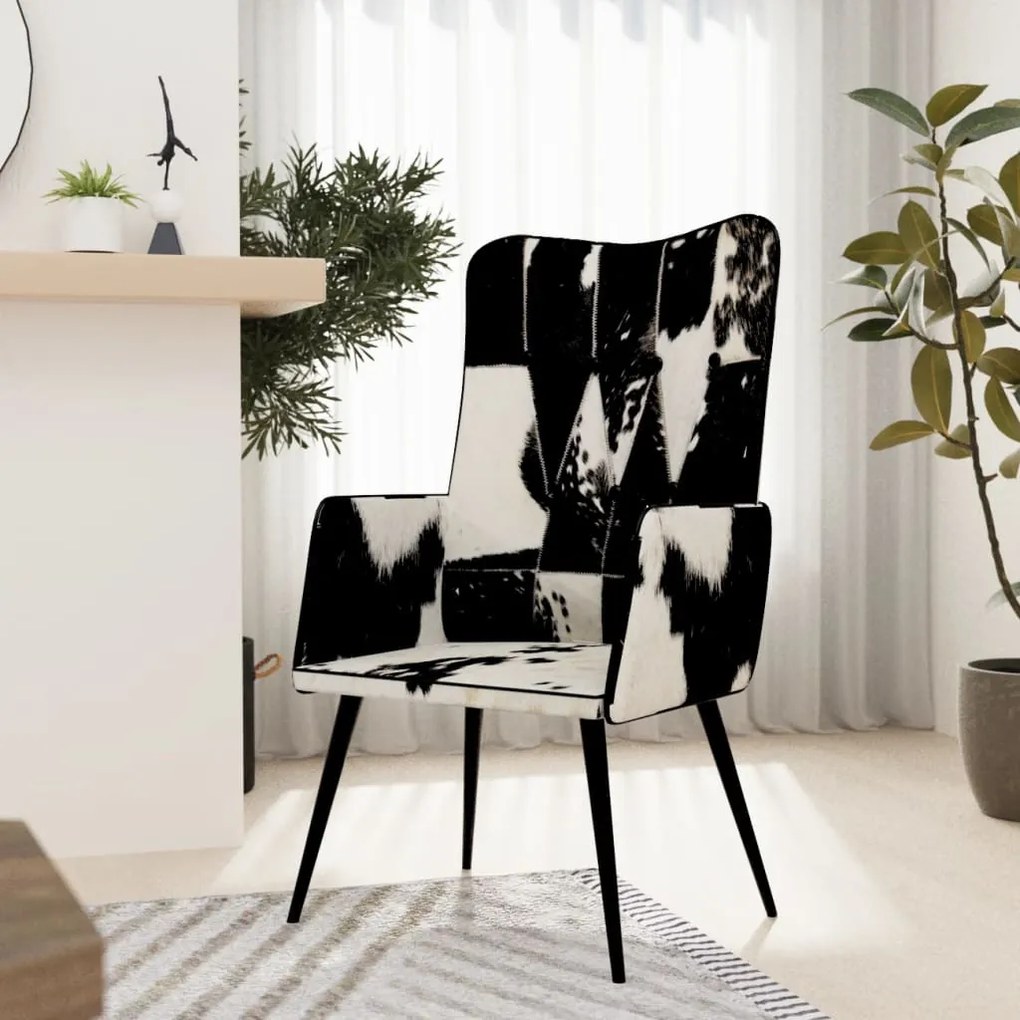 vidaXL Poltrona de apoio com pelo couro genuíno preto e branco