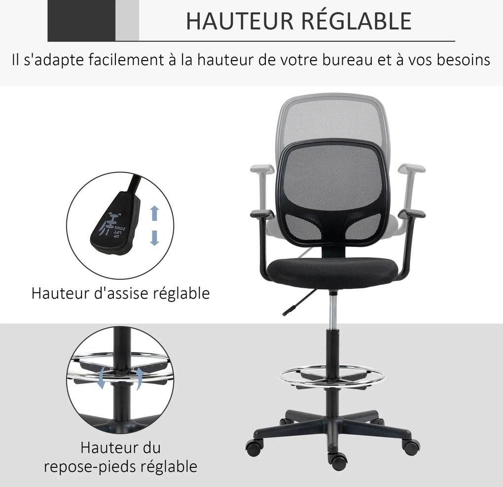 Cadeira de escritório ergonómica, apoio para os pés, encosto em malha, altura ajustável, 60 x 56 x 110–132 cm, preta
