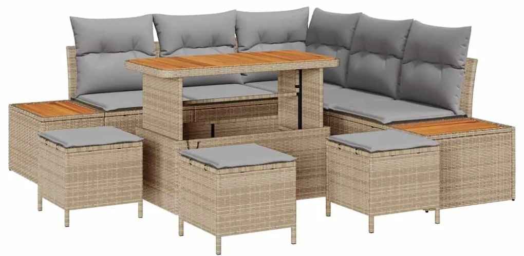 Conjunto de Sofá de Jardim de 9 Peças com Almofadas Rattan Poliéster B