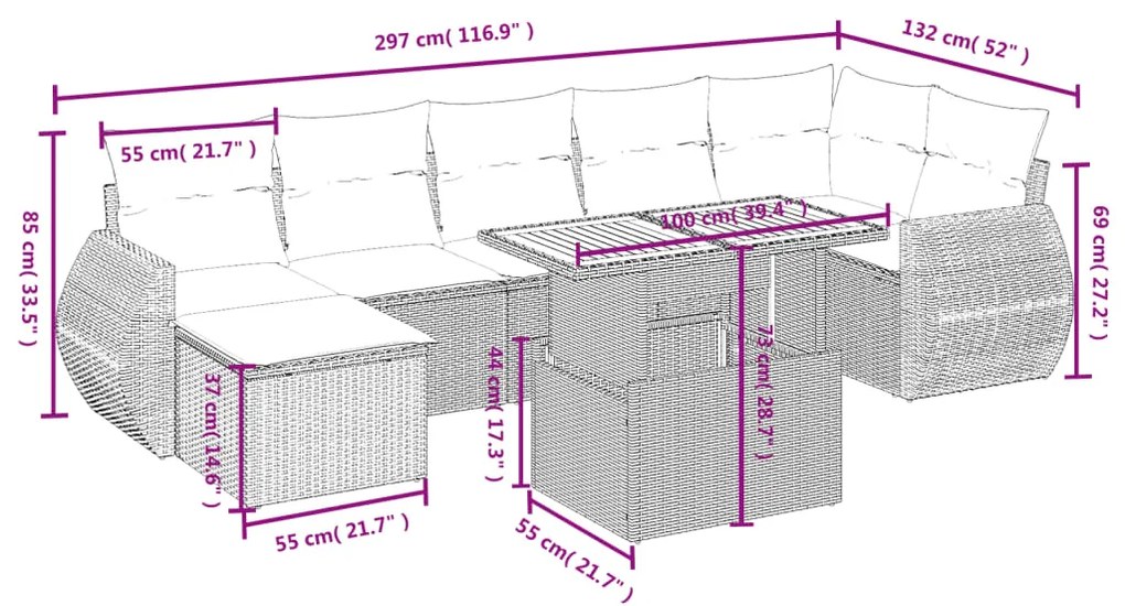 8 pcs conjunto de sofás p/ jardim com almofadões vime PE bege