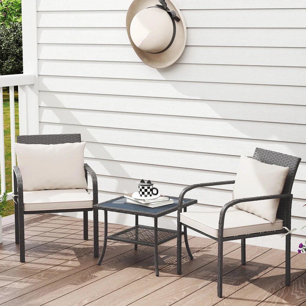 Conjunto de Jardim de 3 Peças com 2 Cadeiras e Mesa com Prateleira e Bancada de Vidro Castanho Escuro e Creme