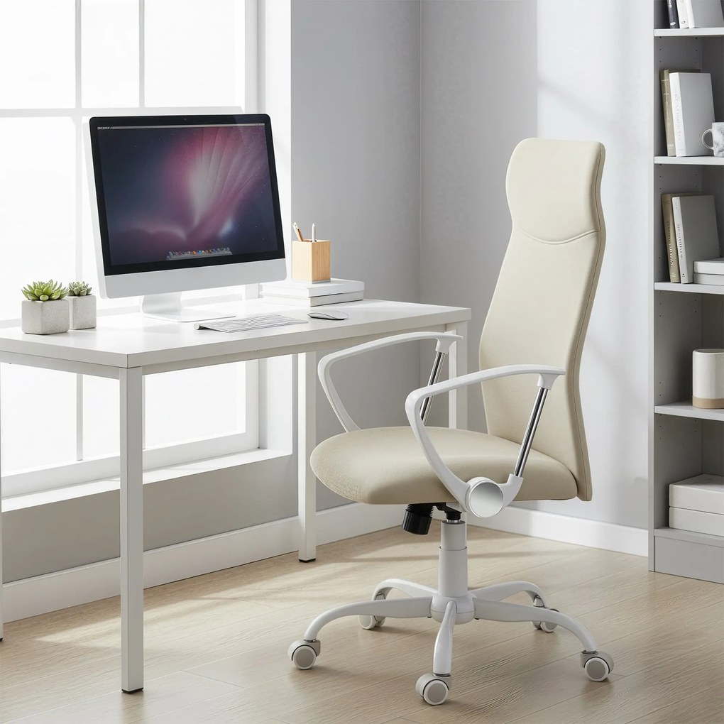 Cadeira de escritório com altura ajustável, ergonómica e giratória, assento almofadado bege
