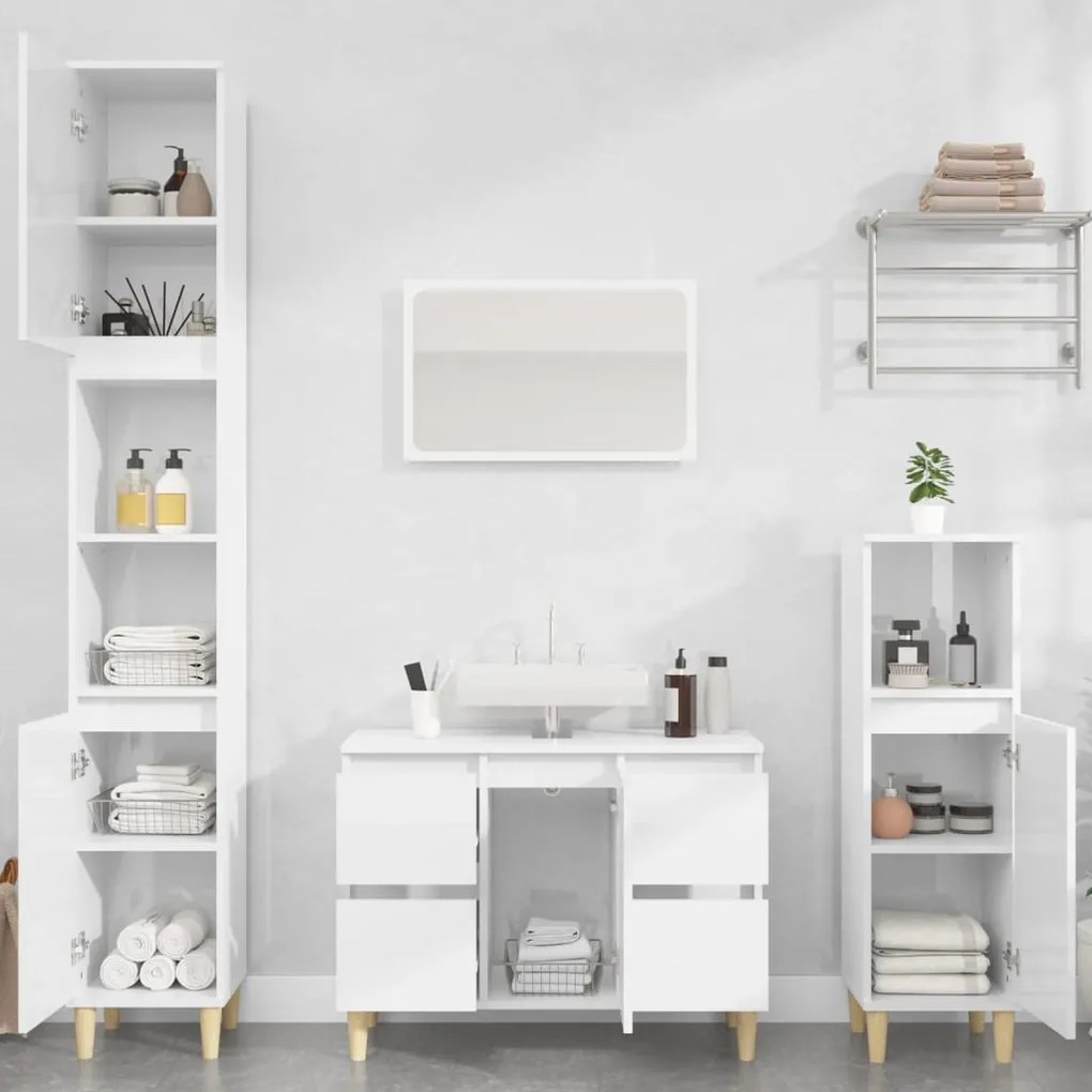 vidaXL 3pcs conj. móveis casa banho derivados madeira branco brilhante
