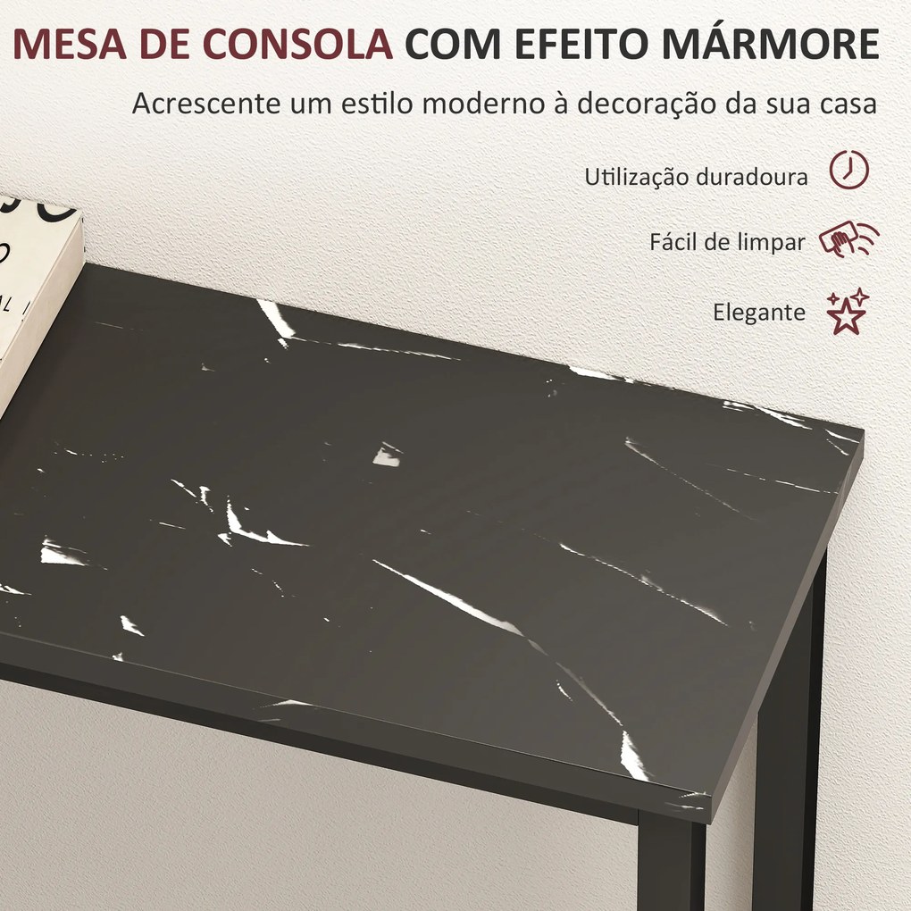Mesa Consola Moderna Consola de Entrada Estreita com Superfície com Efeito Mármore e Estrutura de Metal 100x20x66 cm Preto