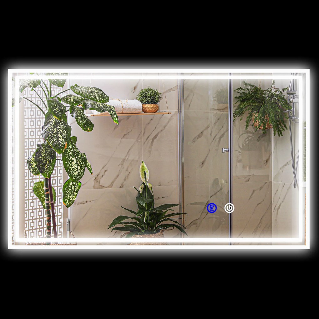 Espelho de Casa de Banho Retangular de Parede com LED, 100 x 60 x 4 cm, Função Antiembaciamento, Prateado