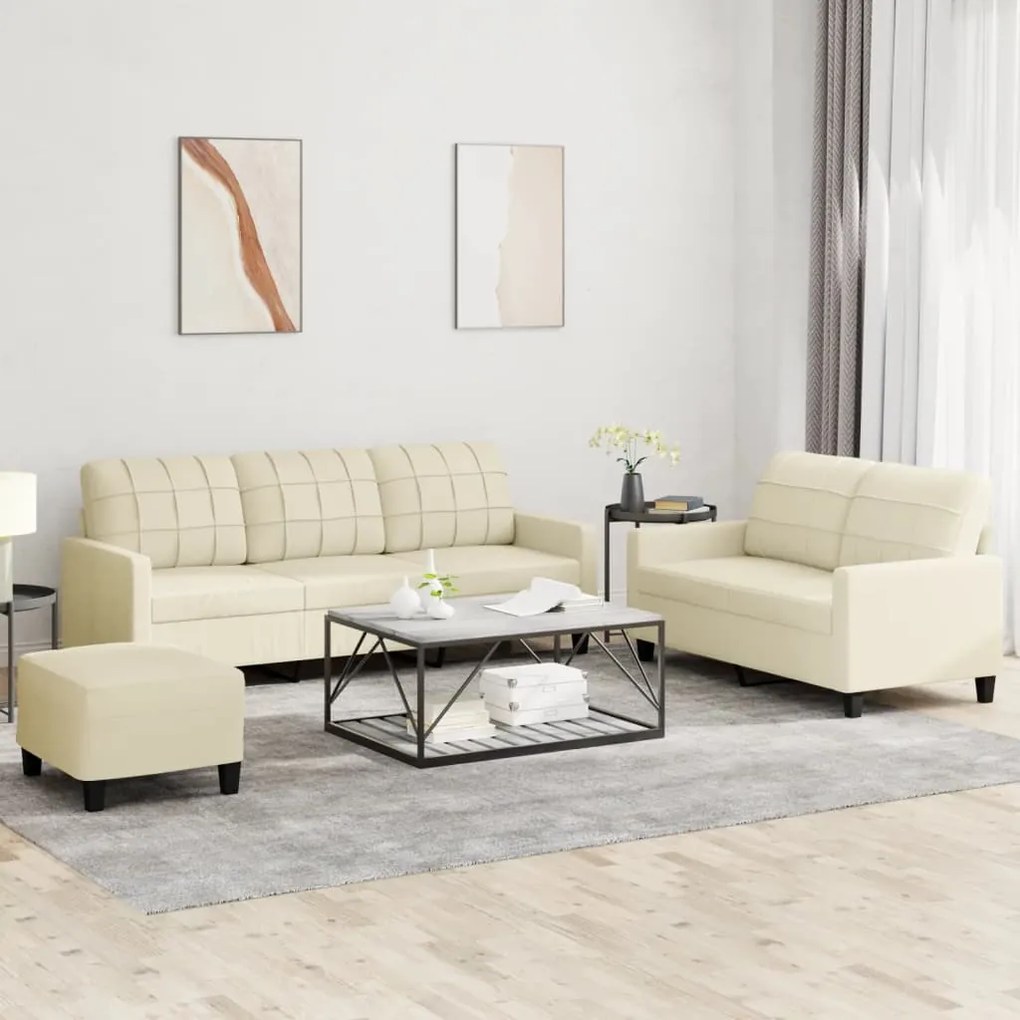 3201384 vidaXL 3 pcs conjunto sofás c/ almofadões couro artificial cor creme