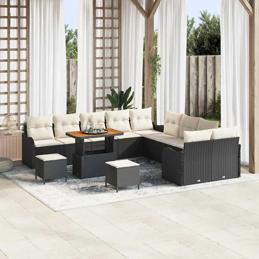 vidaXL Conjunto de Sofá de Jardim com 13 peças e almofadas pretas em rattan e poliéster.