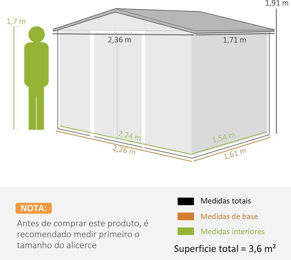 Abrigo de Jardim Exterior 3,6 m² 236x171x191 cm com Portas Deslizantes e Ranhuras de Ventilação Verde