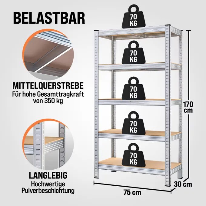 Conjunto de 2 estante para cargas pesadas (350 kg) 170 x 75 x 30 cm Prateado