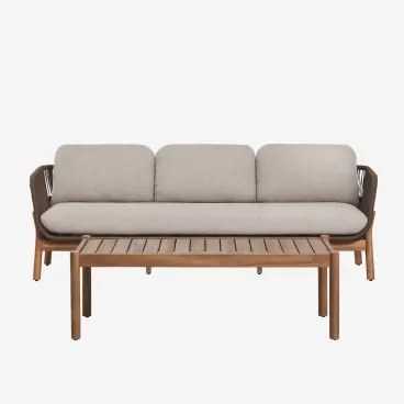 Conjunto De Jardim Com Sofá De 3 Lugares E Mesa De Centro Retangular 120x60 Cm Em Madeira De Acácia E Corda Trançada Karvia Castanho Acácia & Tecido C