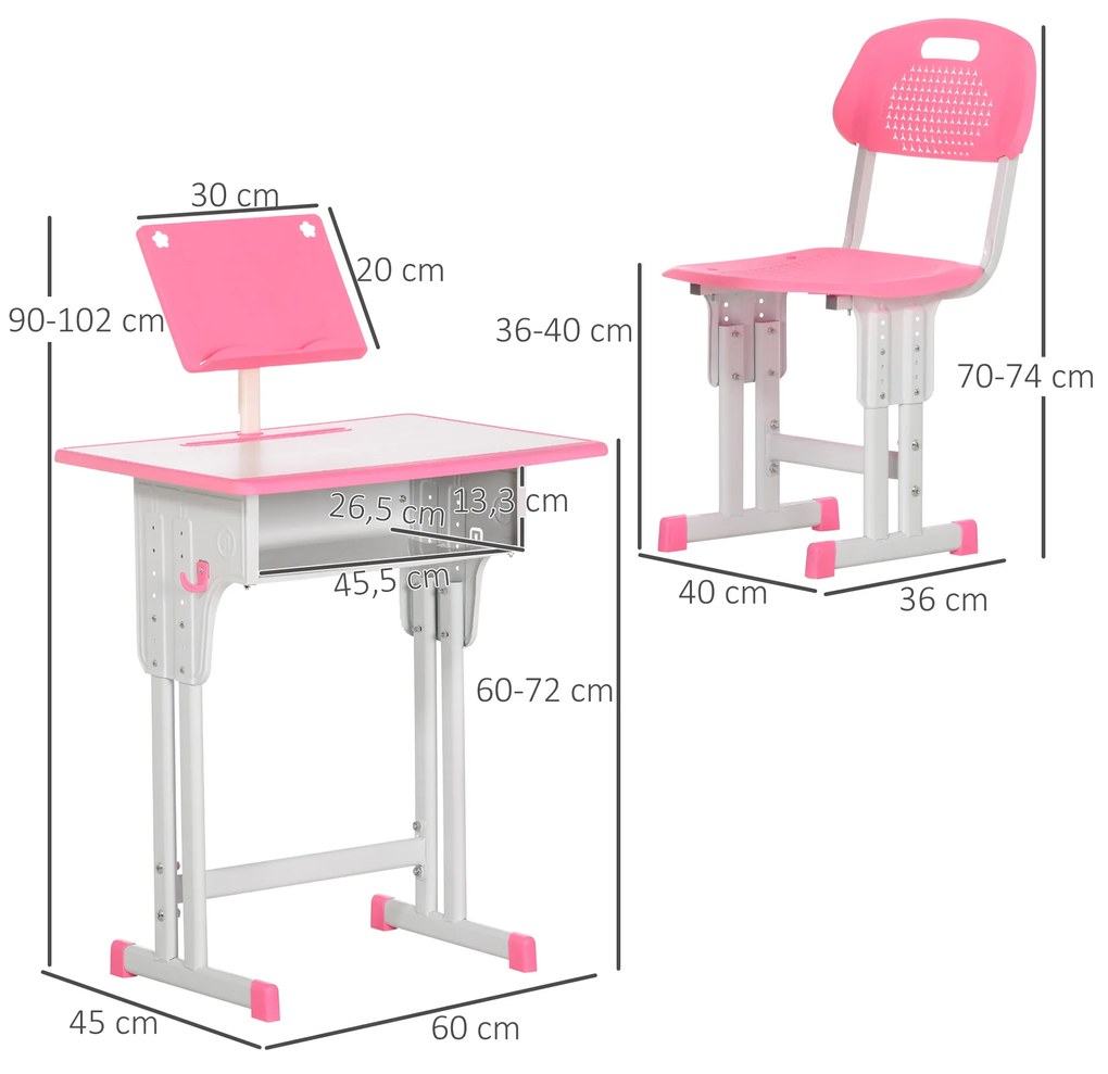 HOMCOM Conjunto de Secretária e Cadeira para Crianças de 6-12 Anos Secretária Infantil com Altura Ajustável 1 Gaveta 1 Suporte para Lápis e 1 Prateleira para Livros 60x45x90-120 cm Rosa