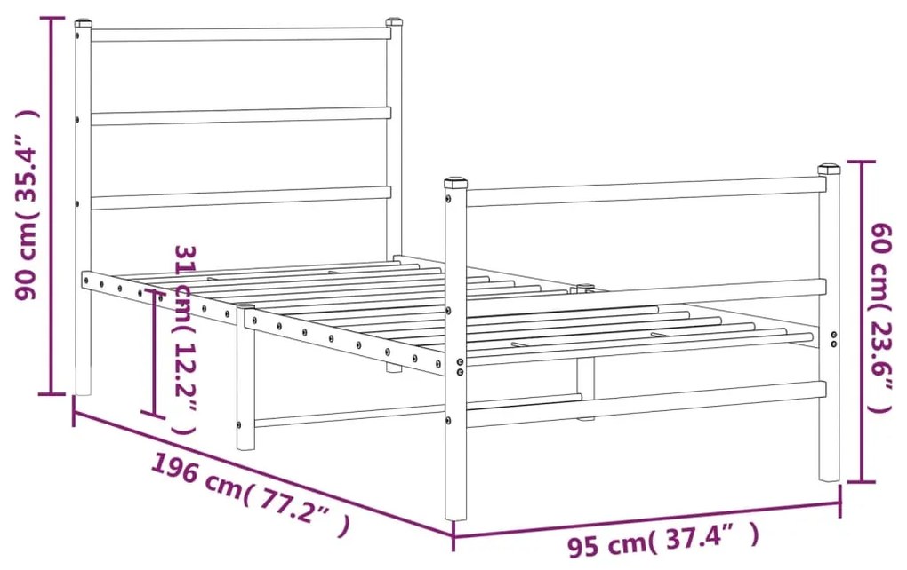 Estrutura de cama com cabeceira e pés 90x190 cm metal preto