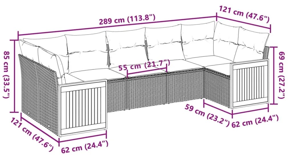 7 pcs conjunto de sofás p/ jardim com almofadões vime PE bege