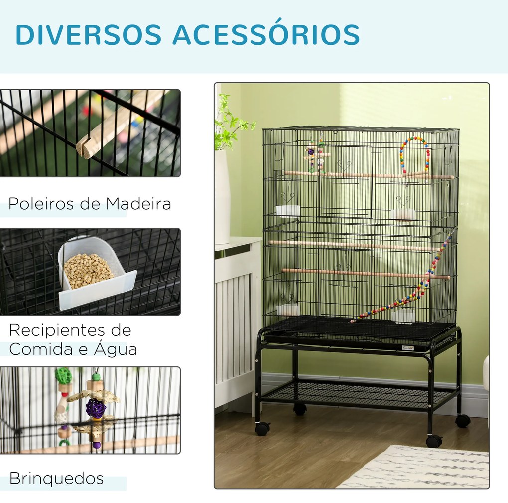 Gaiola para Pássaros com Rodas com 4 Comedouros 3 Poleiros Brinquedos Bandeja Amovível e Prateleira 79x49x133 cm Preto