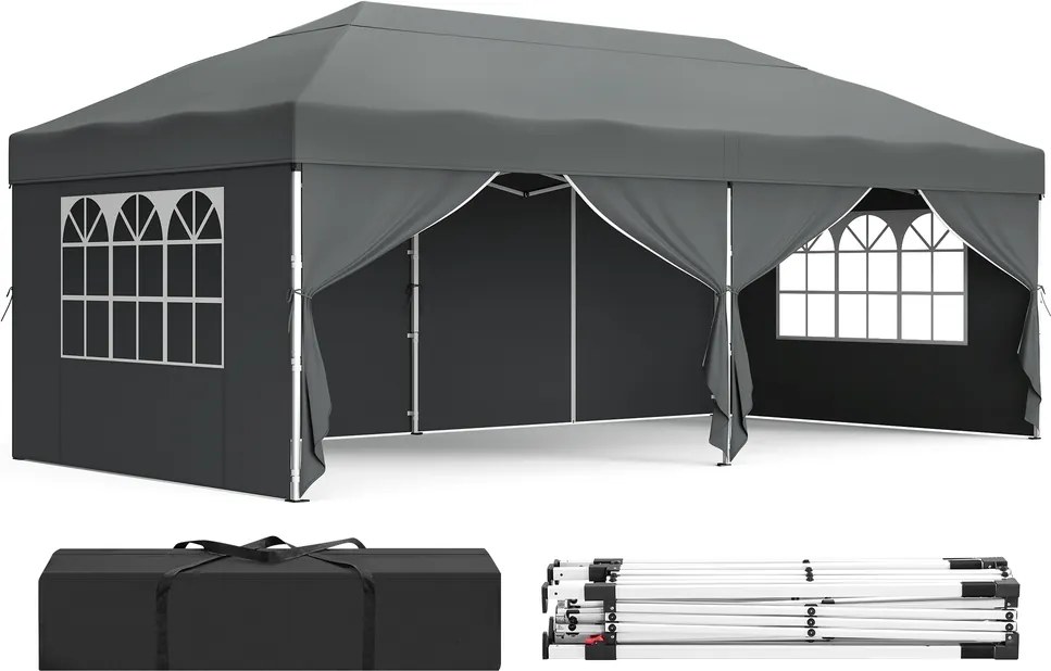 Tenda dobrável de 3 x 6 m para jardim e festas, com 6 paredes laterais, cinzento escuro