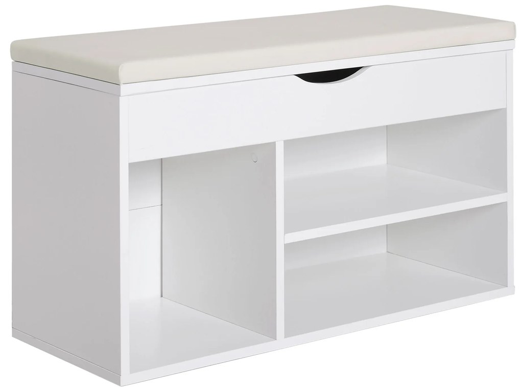 HOMCOM Banco Sapateira com Armazenamento Gaveta Prateleira e Assento Acolchoado para Entrada Estilo Moderno 80x30x47cm Branco