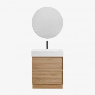 Conjunto De Móvel De Casa De Banho 70x50 Cm Em Madeira Com Lavatório Integrado Jolene Madeira Natural & Redondo Led E Anti-embaciamento - Sklum