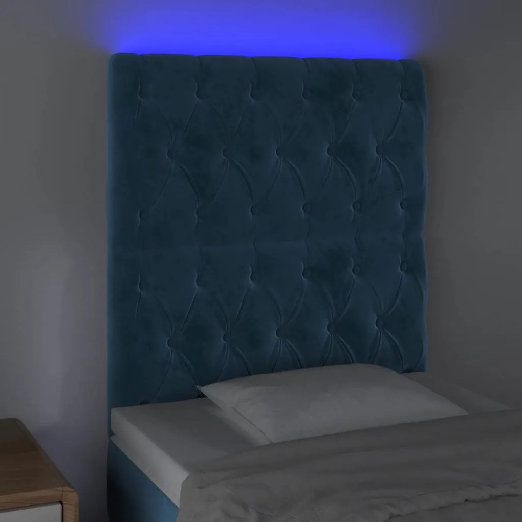 Cabeceira cama c/ luzes LED veludo 80x7x118/128cm azul-escuro