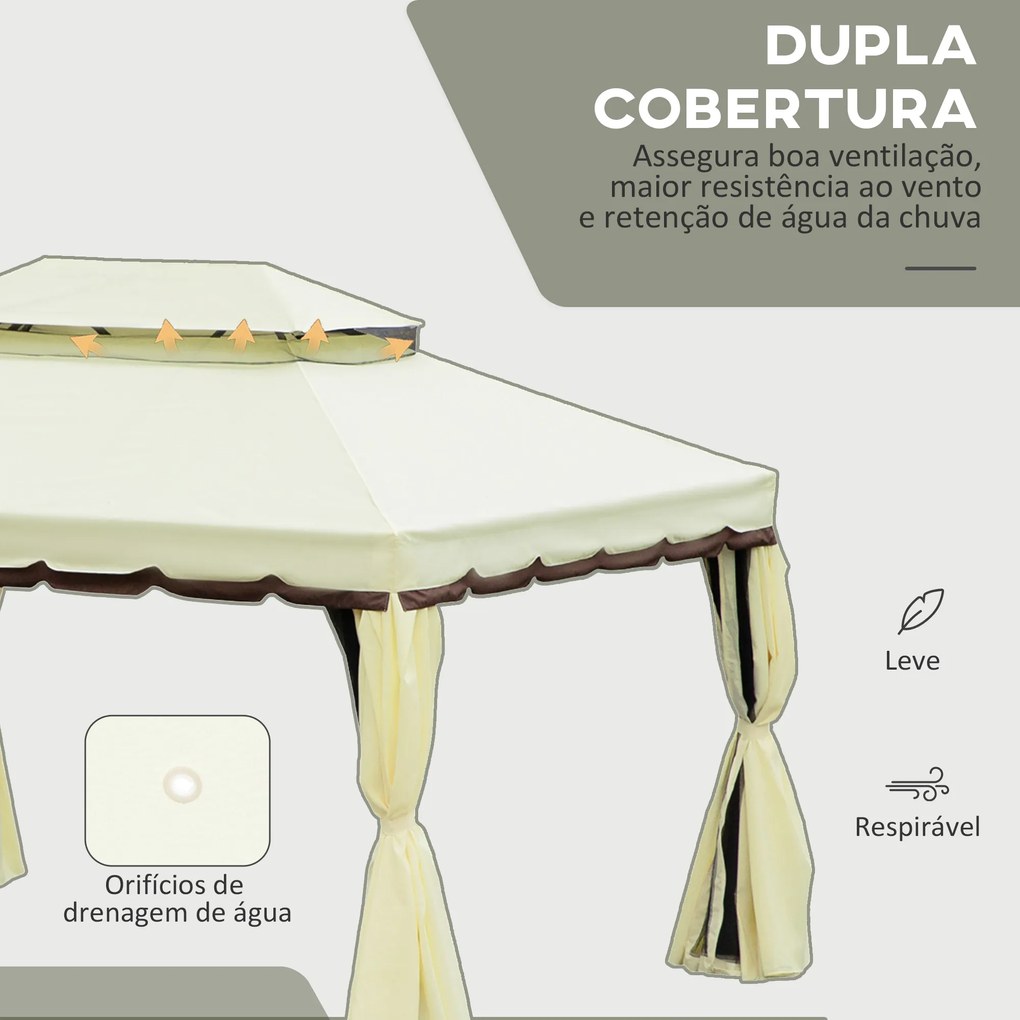 Outsunny Pérgola de Jardim 4x3m Pérgola de Alumínio com Teto com Ventilação 4 Cortinas Laterais 4 Telas Mosquiteiras e 8 Orifícios de Drenagem para festas Eventos Exterior Creme