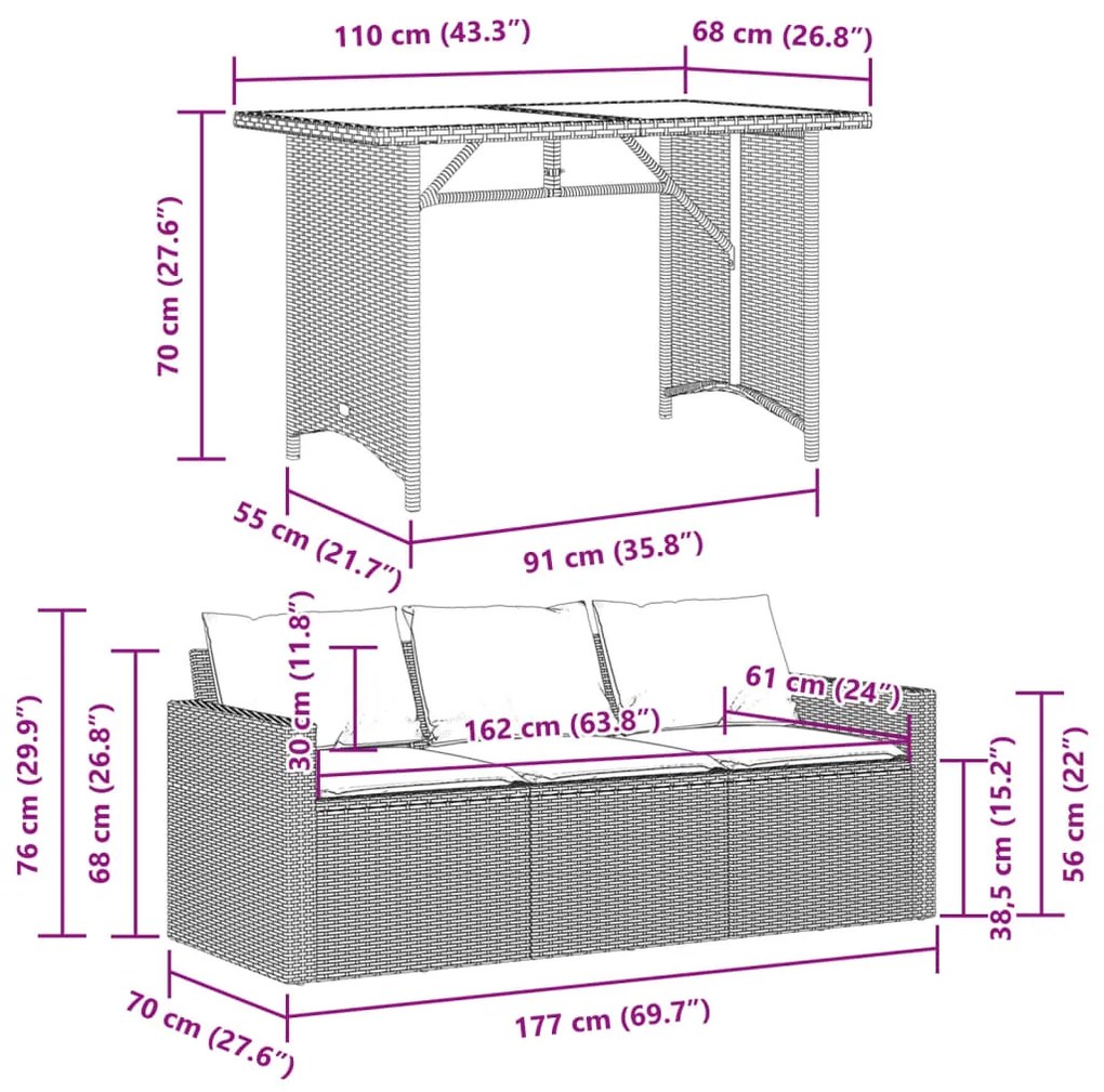 2 pcs conjunto jantar p/jardim c/almofadões vime PE cinza-claro