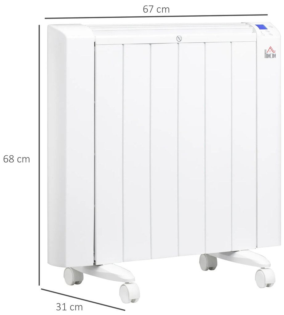 HOMCOM Aquecedor Elétrico 1500W Aquecedor Convector com Ecrã LCD 4 Modos Termostato Temporizador e 4 Rodas para Áreas de 12m² Alumínio 67x31x68cm Branco