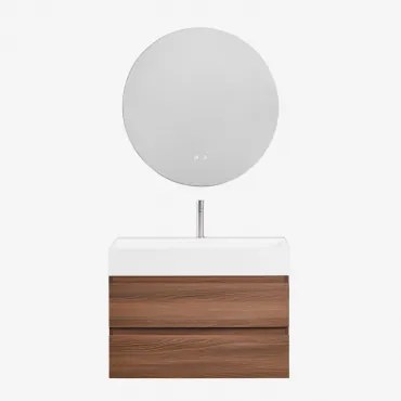 Conjunto De Móvel De Casa De Banho Suspenso Em Madeira E Folha De Freixo Com Lavatório Integrado Ona Madeira Escura & Redondo Led - Sklum