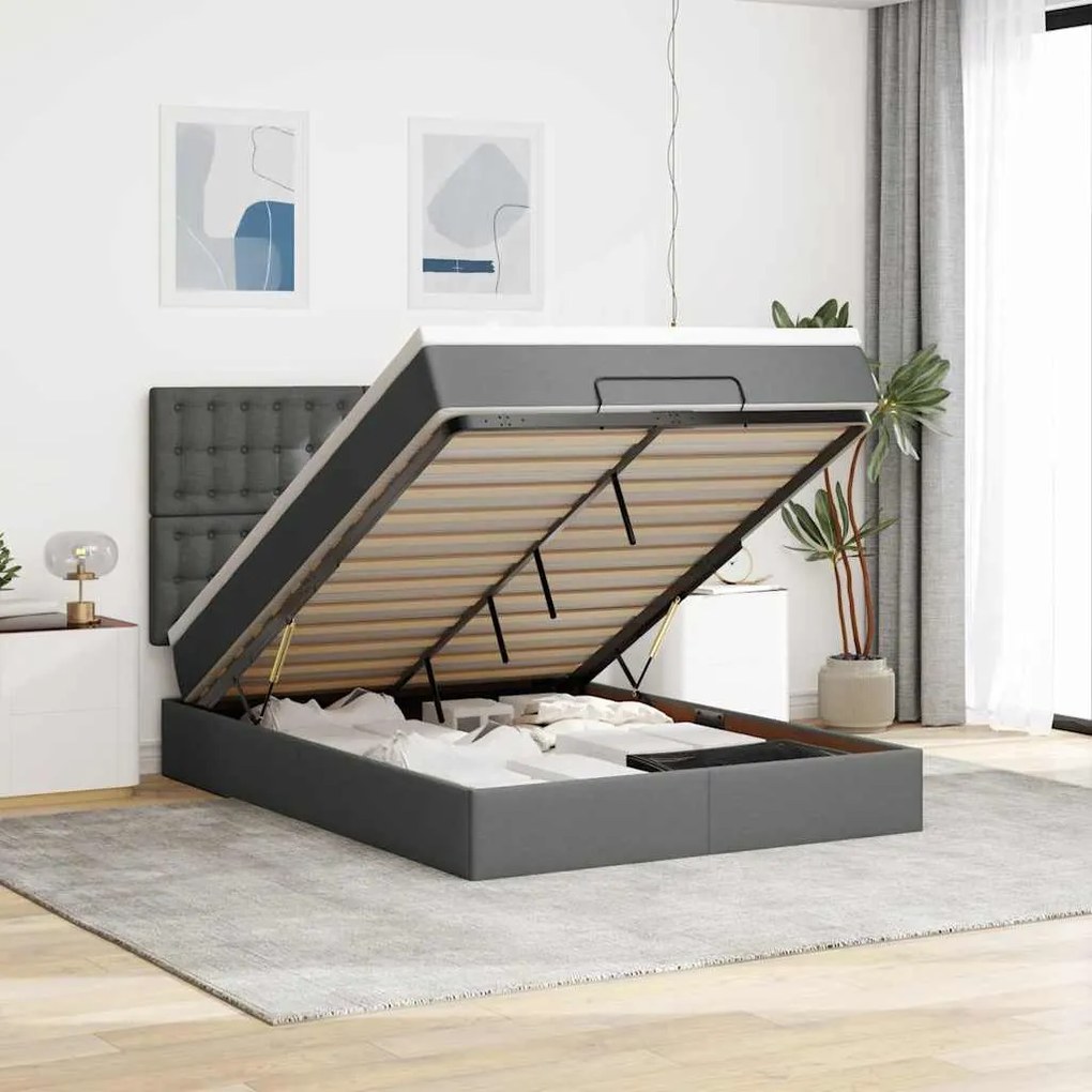 Estrutura de cama otomana com colchão 140x190cm cinzento escuro