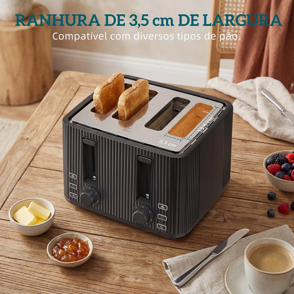 Torradeira de 4 Ranhuras Largas 7 Níveis de Torragem Função Descongelar Aquecer e Cancelar Bandeja Removível Preto