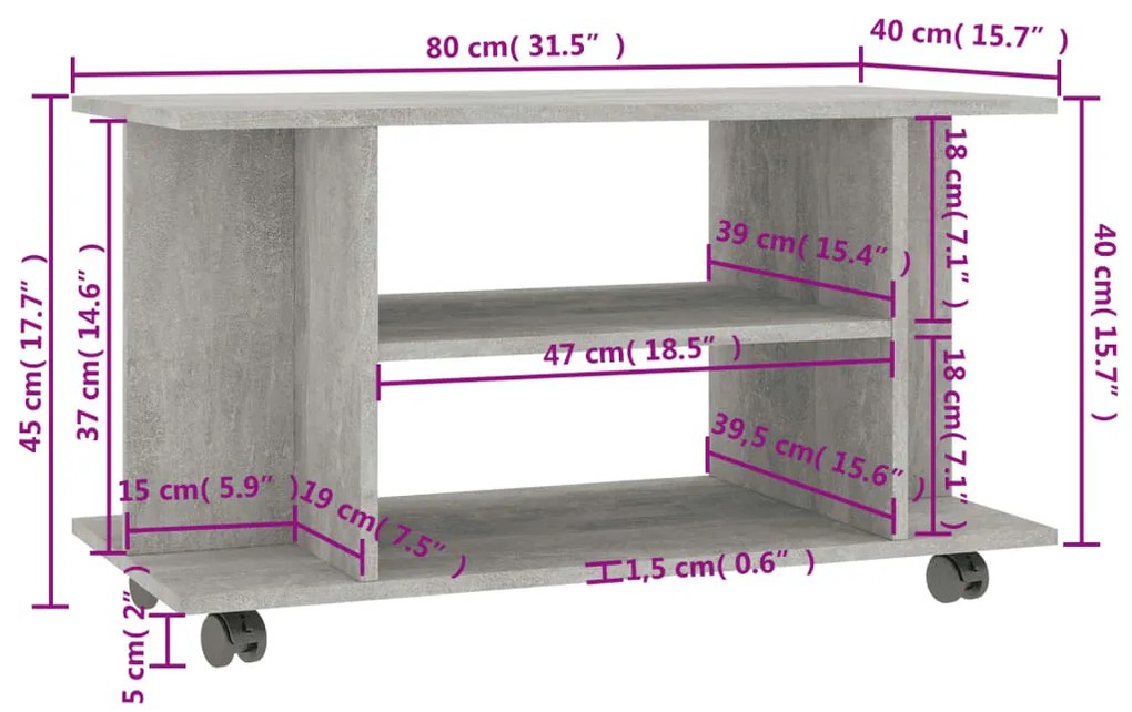Móvel de TV com rodas 80x40x45cm deriv.madeira cinzento cimento