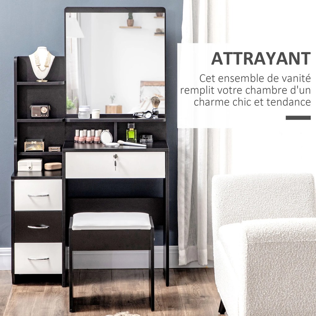 Conjunto de toucador com banco estofado, espelho grande + várias prateleiras abertas + 4 gavetas, branco e preto