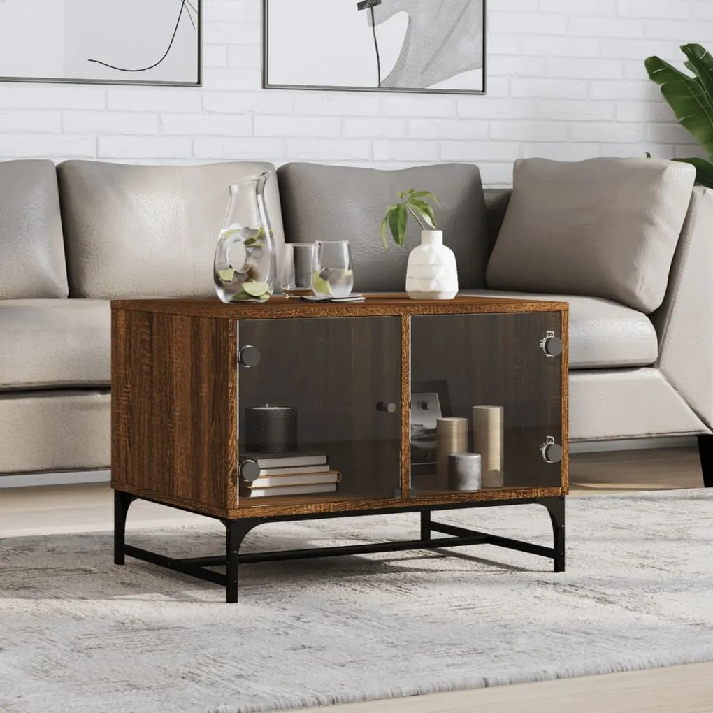 vidaXL Mesa de centro c/ portas vidro 68,5x50x50 cm carvalho castanho