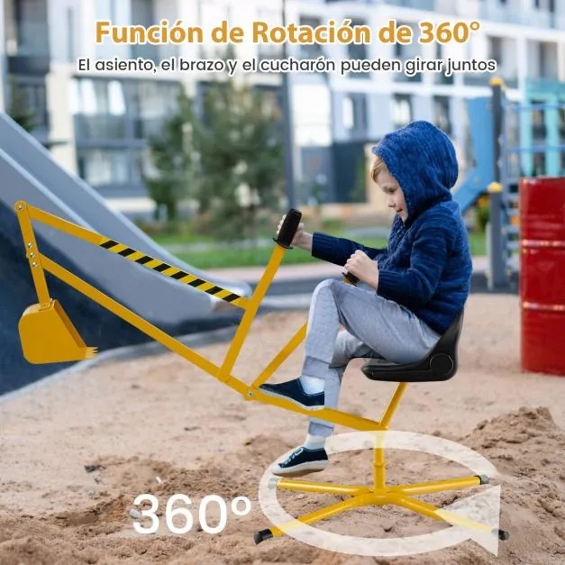 Escavadora de areia para crianças com controlos de duas mãos e pá flexível, assento giratório 360° e encosto 123 x 62 x 62 cm amarelo