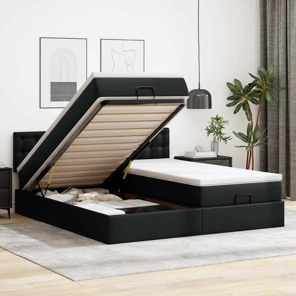 vidaXL Estrutura de cama otomana com colchões pele artificial preta