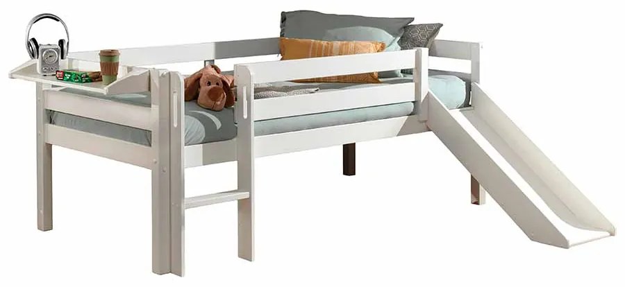 Conjunto Cama alta de Criança PINO 90 x 200 cm + estrado + escada + escorrega + prateleira suspensa Branca