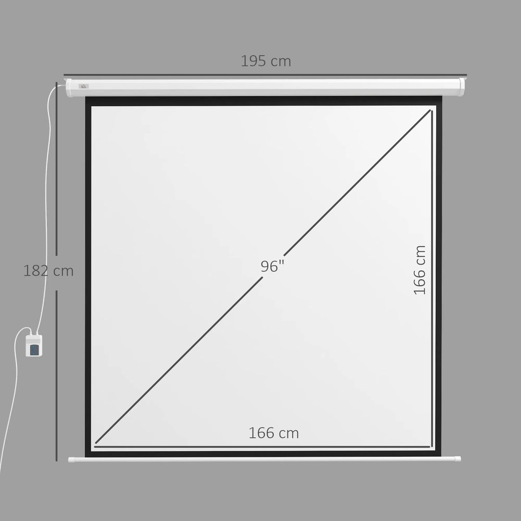 Ecrã de Projeção Elétrico 96 Polegadas com Comando à Distância Formato 1:1 para Interior e Exterior Branco
