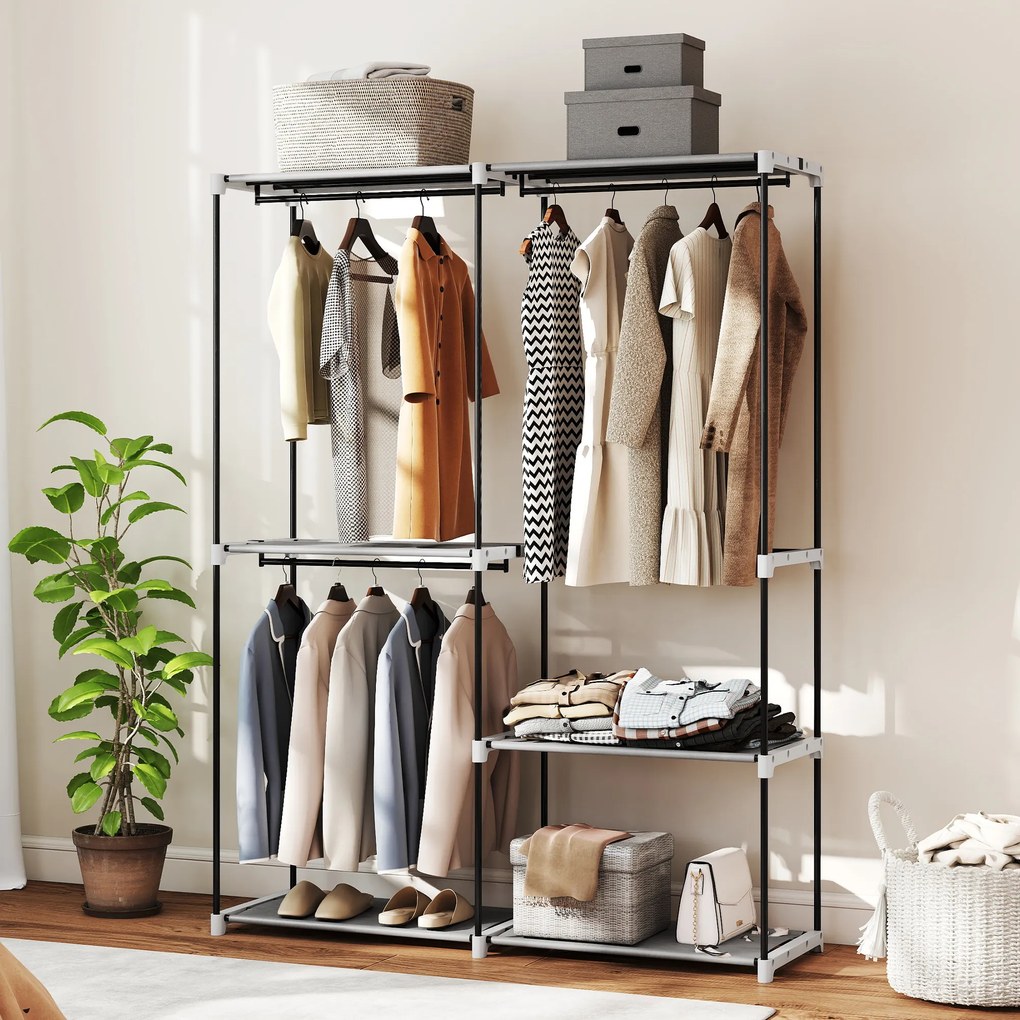 Guarda Roupa Aberto 142x43x185 cm Armário para Roupas com 4 Prateleiras de Tecido 3 Barras para Pendurar Cinzento