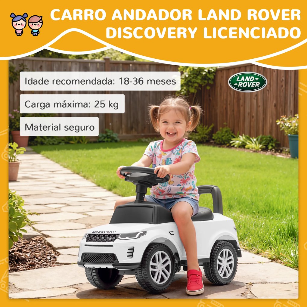 Carro Andador para Crianças  com Licença de Land Rover com Armazenamento Buzina Sons de Motor 65,5x28x42 cm Branco