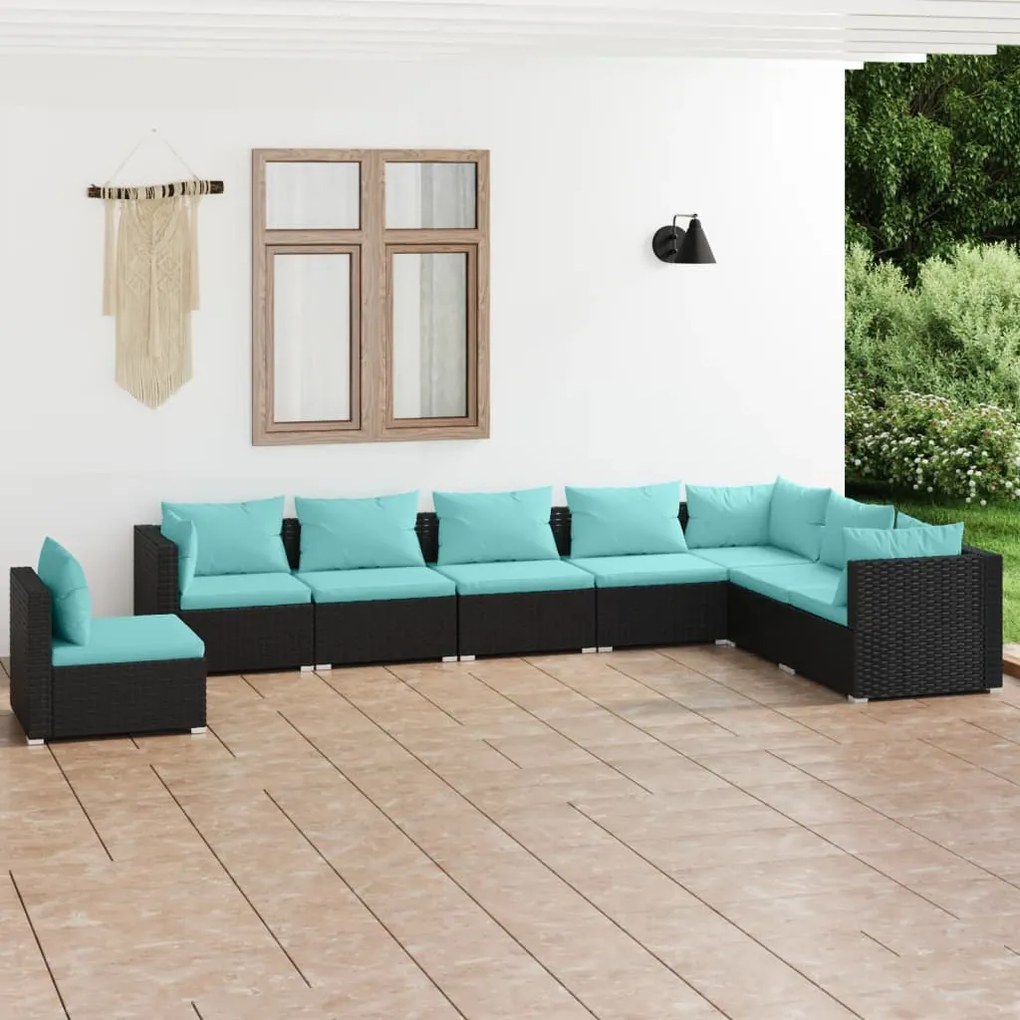vidaXL 8 pcs conjunto lounge de jardim c/ almofadões vime PE preto