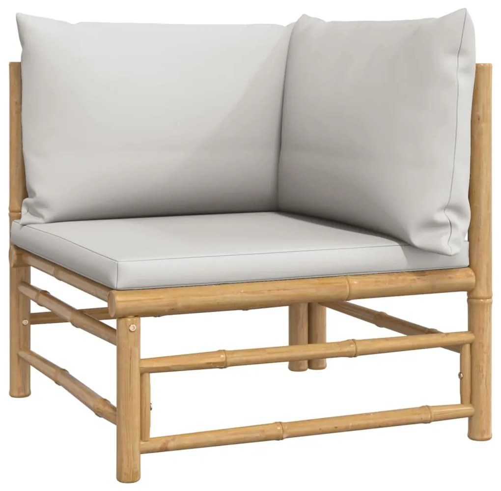 3 pcs conj. lounge de jardim bambu c/ almofadões cinzento-claro