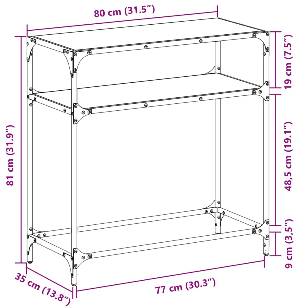 Mesa consola com tampo em vidro transparente 80x35x81 cm aço