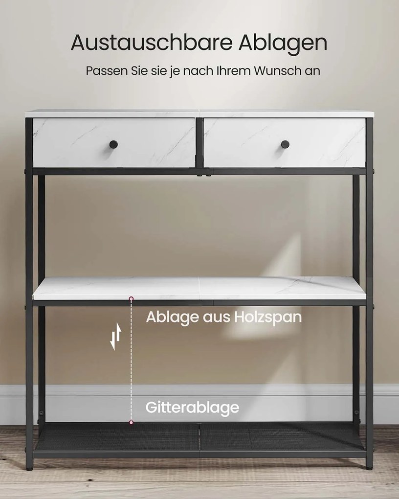 Mesa consola estreita com duas gavetas em tecido 24 x 76 x 80 cm Branco + Preto