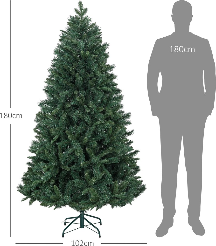 Árvore de Natal artificial de 180 cm com suporte dobrável em aço, 1061 ramos, decoração de Natal, verde