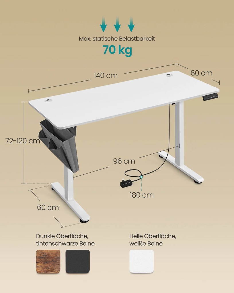 Secretária eléctrica regulável em altura 60 x 140 x (72-120) cm Branca