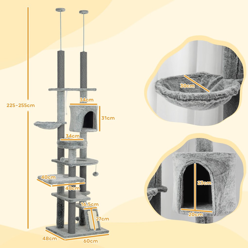 PawHut Arranhador para Gatos de Solo ao Teto de 225-255 cm Arranhador